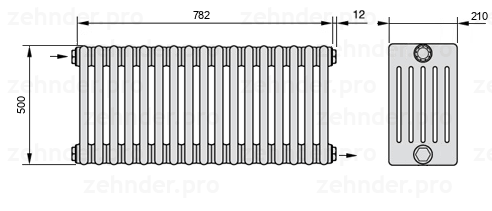 Схема (чертеж) Радиатор Zehnder Charleston 6050/17 №1670 Белый глянцевый RAL 9016